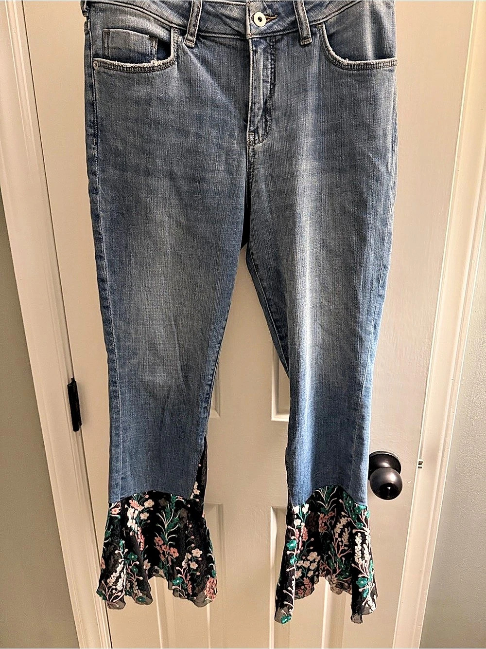 Pilcro and the Letterpress Floral Embroidered Flare Jeans in Blue Waist 28